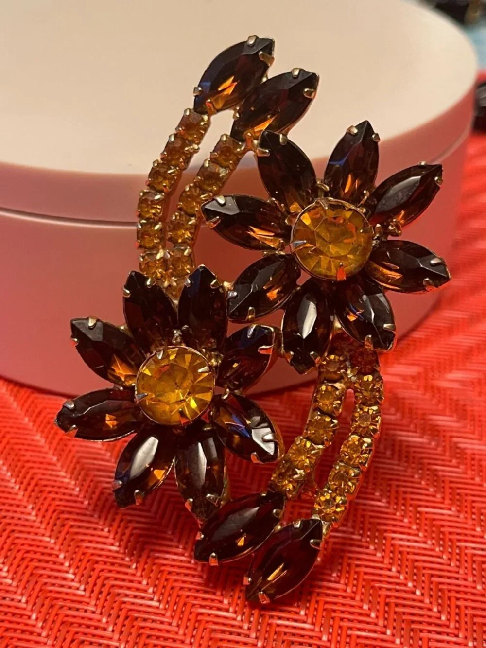 Vtg MCM Amber & Topaz Rhinestone Floral Brooch With Marquise & Chaton Stones In